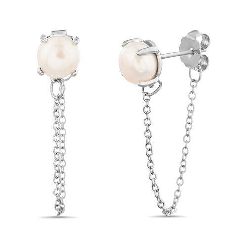 Sterling Silver Pearl Dangling Front to Back Chain Post Earrings