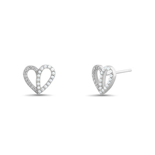 Sterling Silver CZ Pearl Cut-Out Heart Stud Earrings