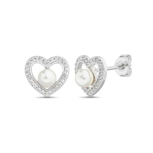 Sterling Silver CZ Heart W/ Mother Of Pearl Stud Earrings