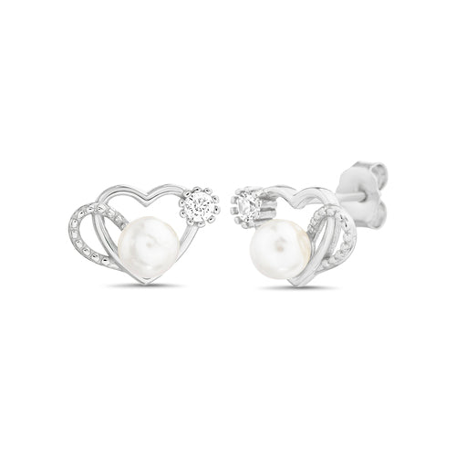 Sterling Silver Heart W/ Pearl and CZ Earrings