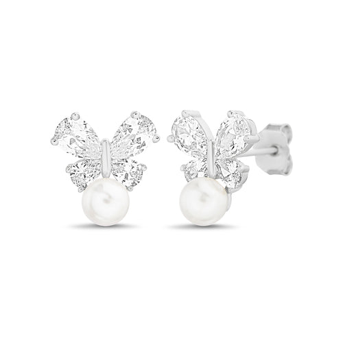 Sterling Silver CZ Butterfly And Pearl Earrings