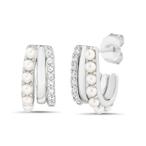Sterling Silver CZ Pearl Tiny Open Hoop Post Earring