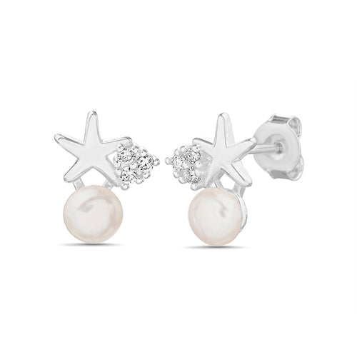 Sterling Silver Pearl CZ Star Stud Earrings