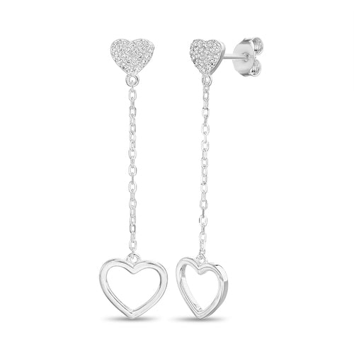 Sterling Silver CZ Heart Dangling Hollow Heart Earrings