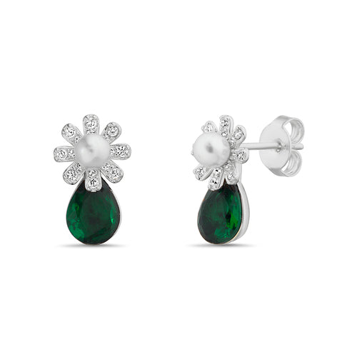 Sterling Silver CZ Pearl Flower W/ Colored CZ Teardrop Earrings