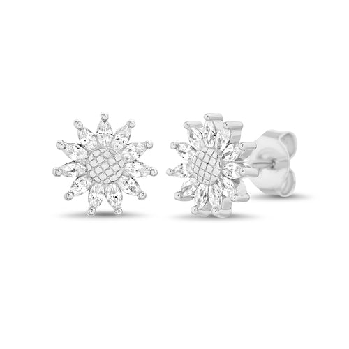 Sterling Silver CZ Sunflower Stud Earrings