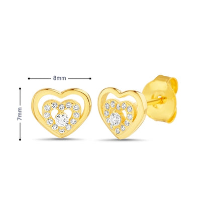Sterling Silver Gold Plated CZ Heart Stud Earrings