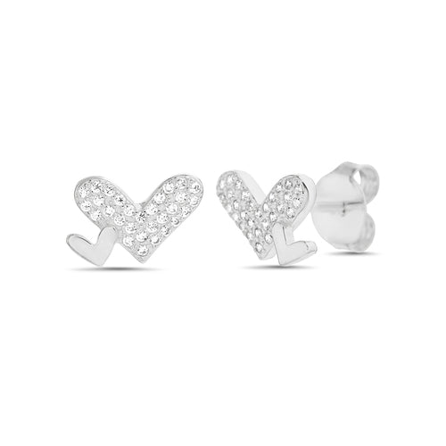 Sterling Silver Polished & CZ Pave Double Heart Stud Earrings