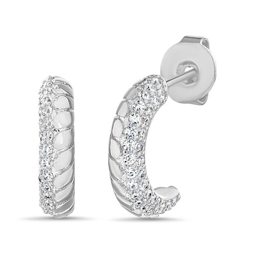 Sterling Silver Half CZ Half Rope C Hoop Post Earrings