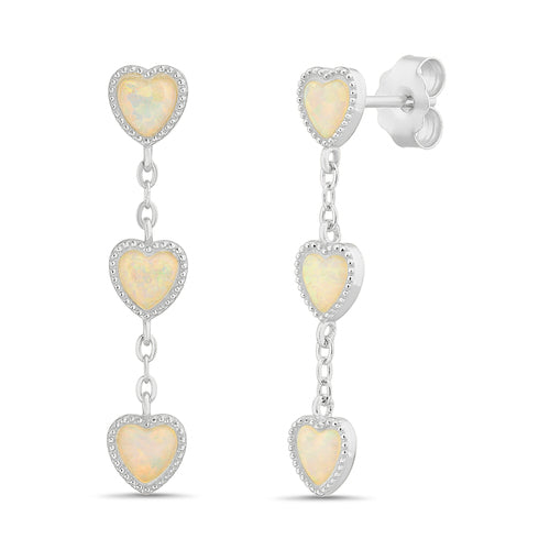 Sterling Silver White Opal Triple Dangling Heart Post Earrings