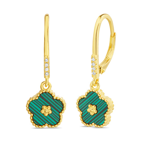 Sterling Silver Gold Plated Green Malachite Enamel Flower Dangling Huggie Earrings
