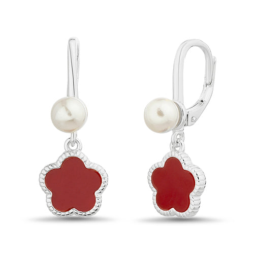 Sterling Silver Pearl and Red Enamel Flower Dangling Huggie Earrings