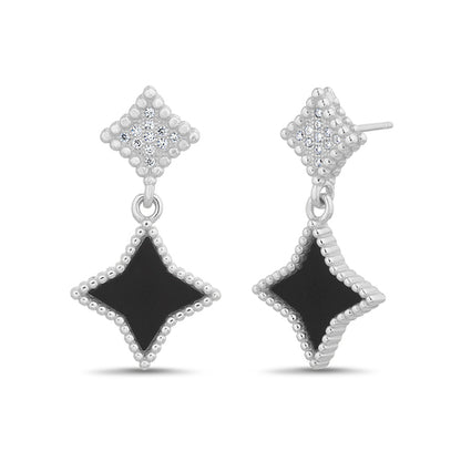 Sterling Silver CZ Enamel Diamond Shape Dangling Earrings