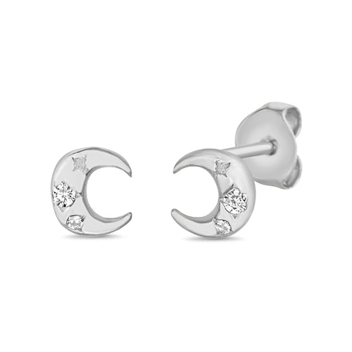 Sterling Silver CZ Dainty Crescent Moon Stud Earrings