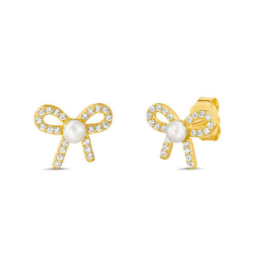 Sterling Silver CZ Bow Pearl Center Stud Earrings