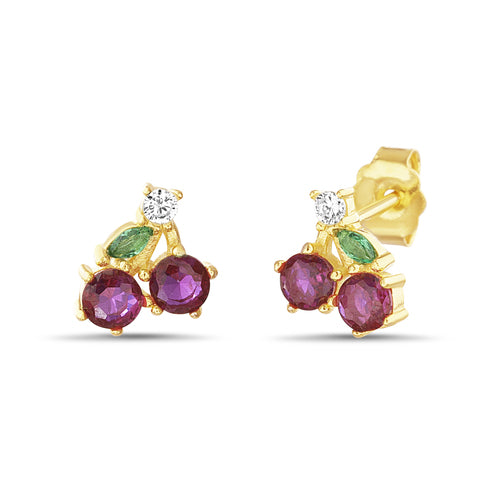 Sterling Silver Gold Plated CZ Cherry Stud Earrings