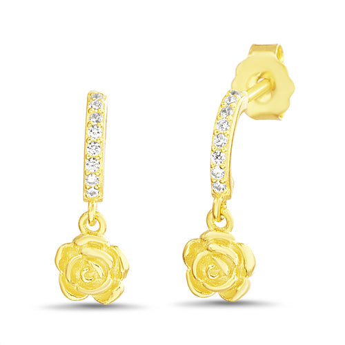 Sterling Silver CZ Dangling Rose Post Earrings
