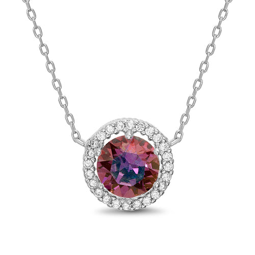 Sterling Silver Round Colored CZ Clear Halo Necklace