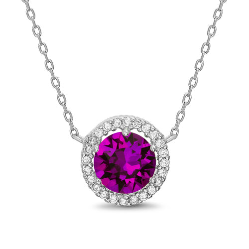 Sterling Silver Round Colored CZ Clear Halo Necklace