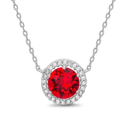 Sterling Silver Round Colored CZ Clear Halo Necklace