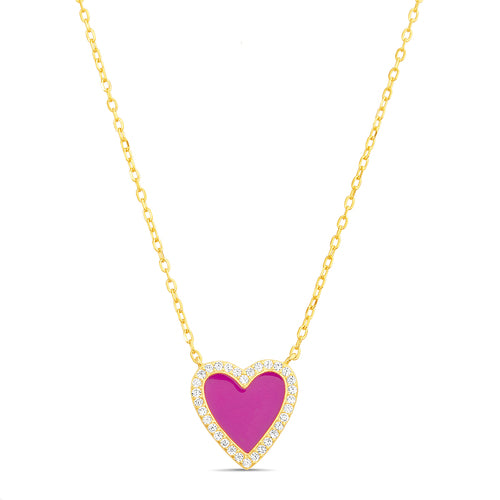 Sterling Silver Pink Enamel CZ Halo Heart Necklace