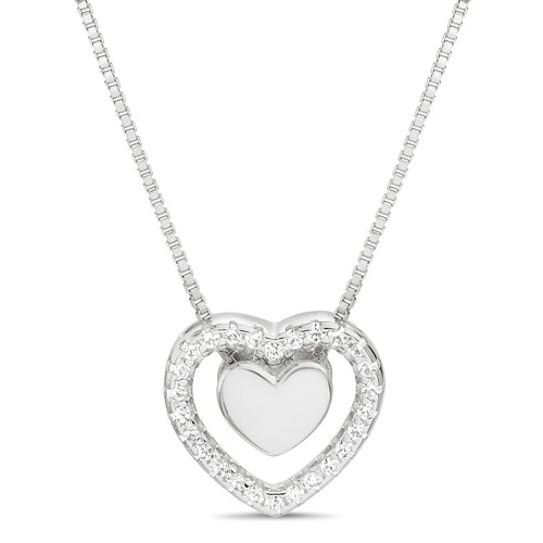 Sterling Silver CZ & Polished Double Heart Necklace
