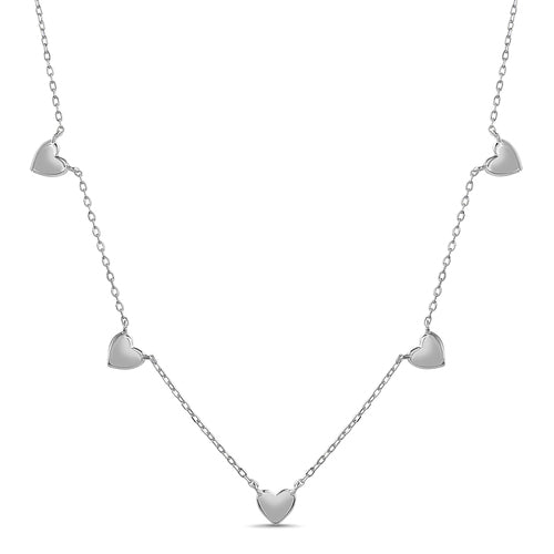 Sterling Silver Rhodium Polished Heart Station Necklace