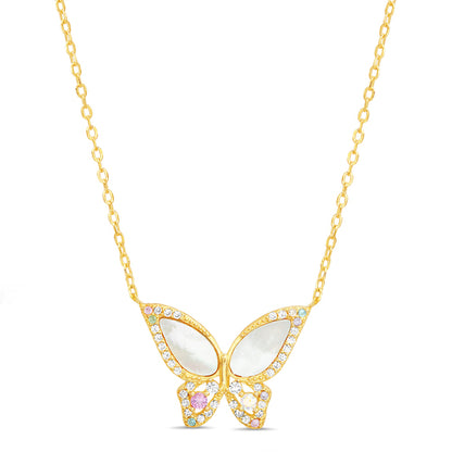 Sterling Silver Multi-Color CZ & Mother Of Pearl Butterfly Necklace