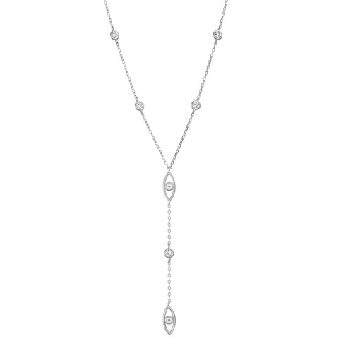 Sterling Silver CZ Station Evil Eye Y Necklace