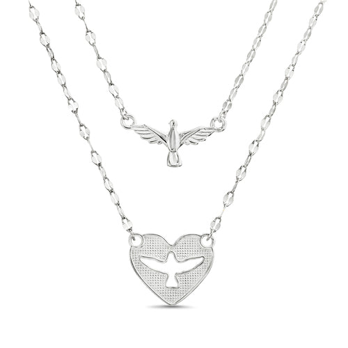 Sterling Silver Textured Heart W/ Bird Layered Necklace