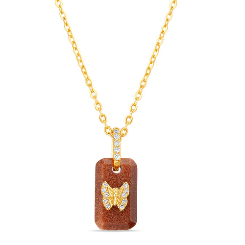 Sterling Silver Gold Plated Octagonal Simulated Goldstone CZ Butterfly Necklace