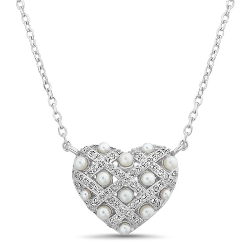 Sterling Silver CZ And Pearl Heart Necklace
