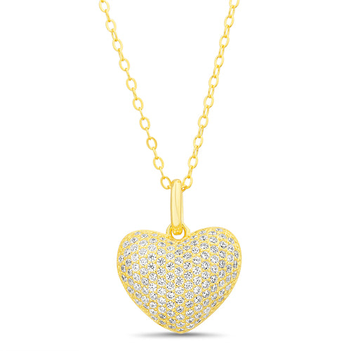 Sterling Silver CZ Pave Puffed Heart Necklace