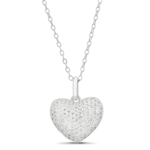 Sterling Silver CZ Pave Puffed Heart Necklace
