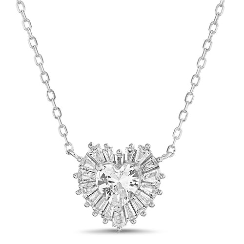 Sterling Silver CZ Heart Baguette Halo Necklace