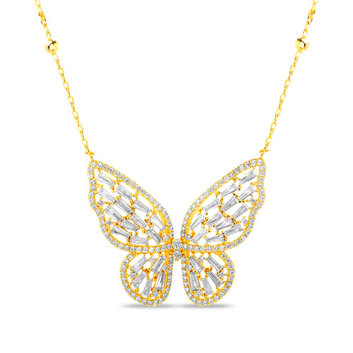 Sterling Silver Gold Plated CZ Butterfly Beaded Station Necklace