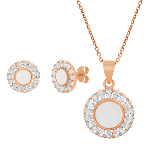 Sterling Silver Rose Gold Mother Of Pearl CZ Halo Necklace & Earrings Set