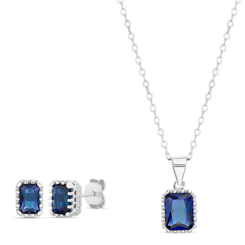 Sterling Silver Colored Emerald Cut CZ Necklace & Earrings Set