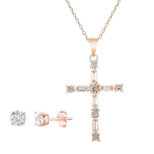 Sterling Silver Rose Gold CZ Cross Necklace & 6MM Stud Earrings Set