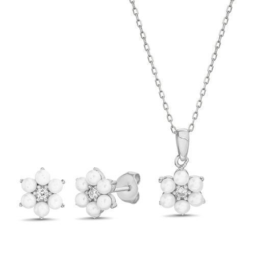 Sterling Silver CZ Pearl Flower Necklace & Earrings Set