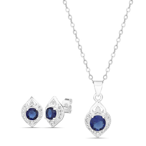 Sterling Silver Clear/Blue CZ Heart Design Necklace & Earrings Set