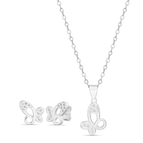 Sterling Silver CZ Butterfly Necklace & Earrings Set