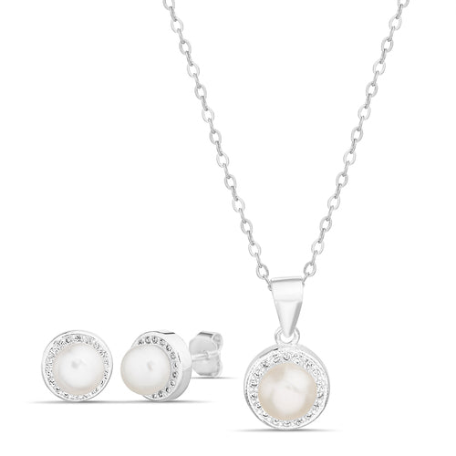 Sterling Silver Pearl CZ Halo Necklace & Earrings Set