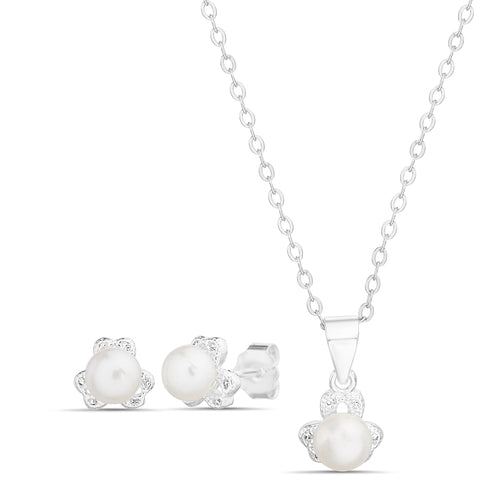 Sterling Silver CZ & Pearl Flower Necklace & Earrings Set