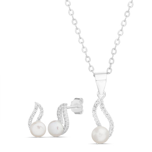 Sterling Silver CZ & Pearl Necklace & Earrings Set