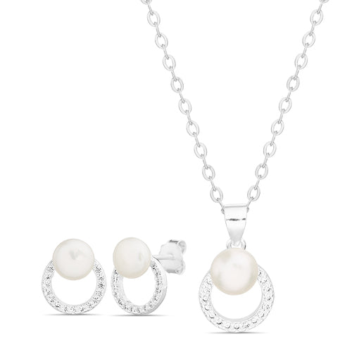 Sterling Silver CZ Pearl Open Circle Necklace & Earrings Set