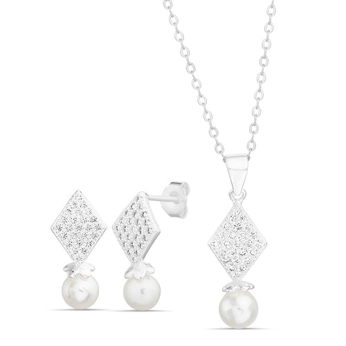 Sterling Silver Diamond Shape CZ Pave W/ Dangling Pearl Necklace & Earrings Set