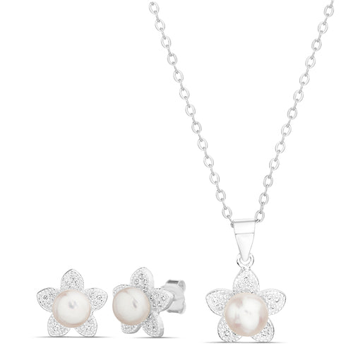 Sterling Silver CZ Flower W/ Pearl Center Necklace & Earrings Set