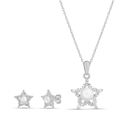 Sterling Silver CZ Pearl Star Necklace & Earrings Set