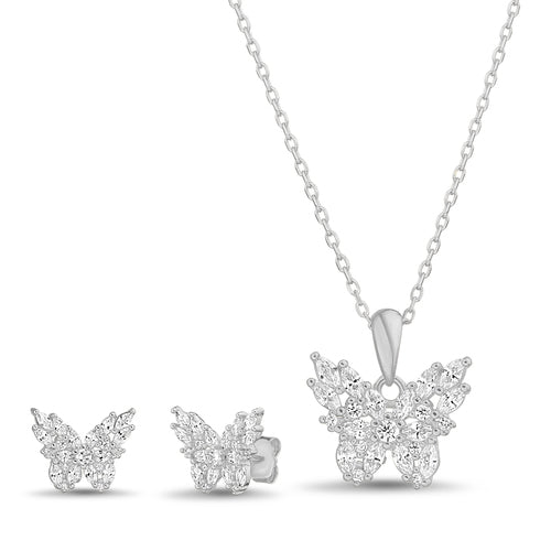 Sterling Silver CZ Butterfly Necklace & Earrings Set